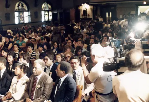 Rudy Lozano's funeral at St. Pius V Church, Pilsen, June 1983
